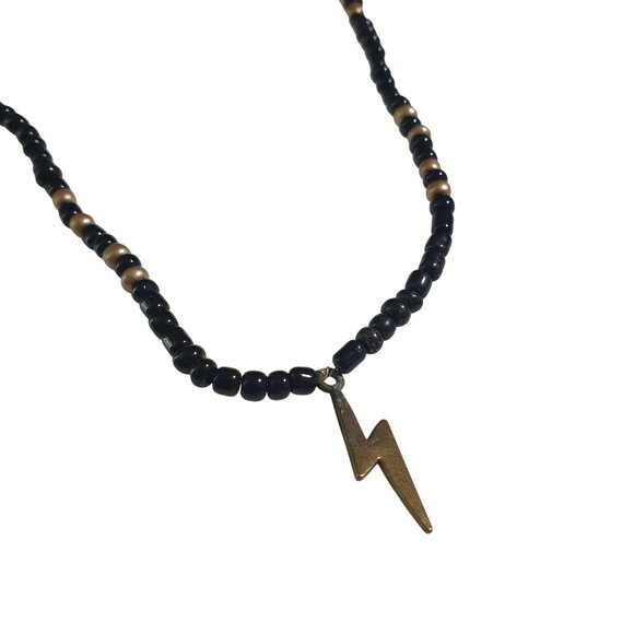 Black Beaded Necklace Lightning Pendant Handmade Brass Accent Lobster Clasp - Picture 1 of 4